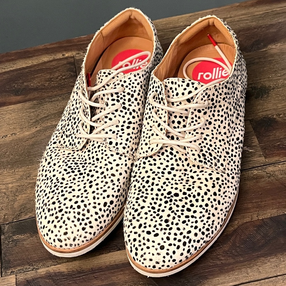 Rollie Australia Pony Hair -Snow Leopard Derby Leather Flats - Picture 14 of 16